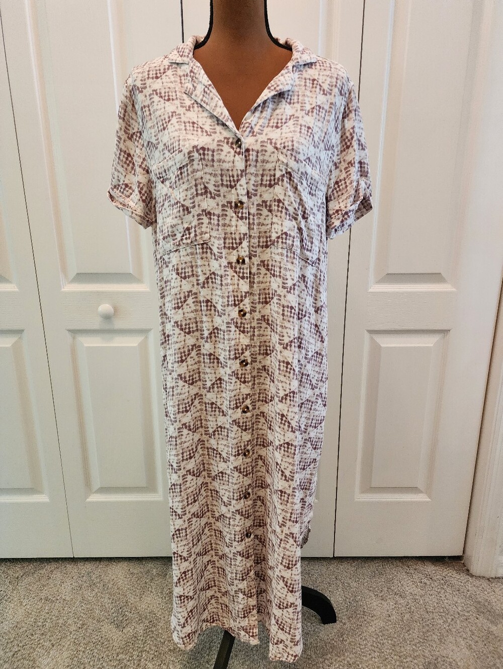 Boho Coastal Grandma Buttermom Taupe & Lavender Patterned Women’s Shirt Dress
